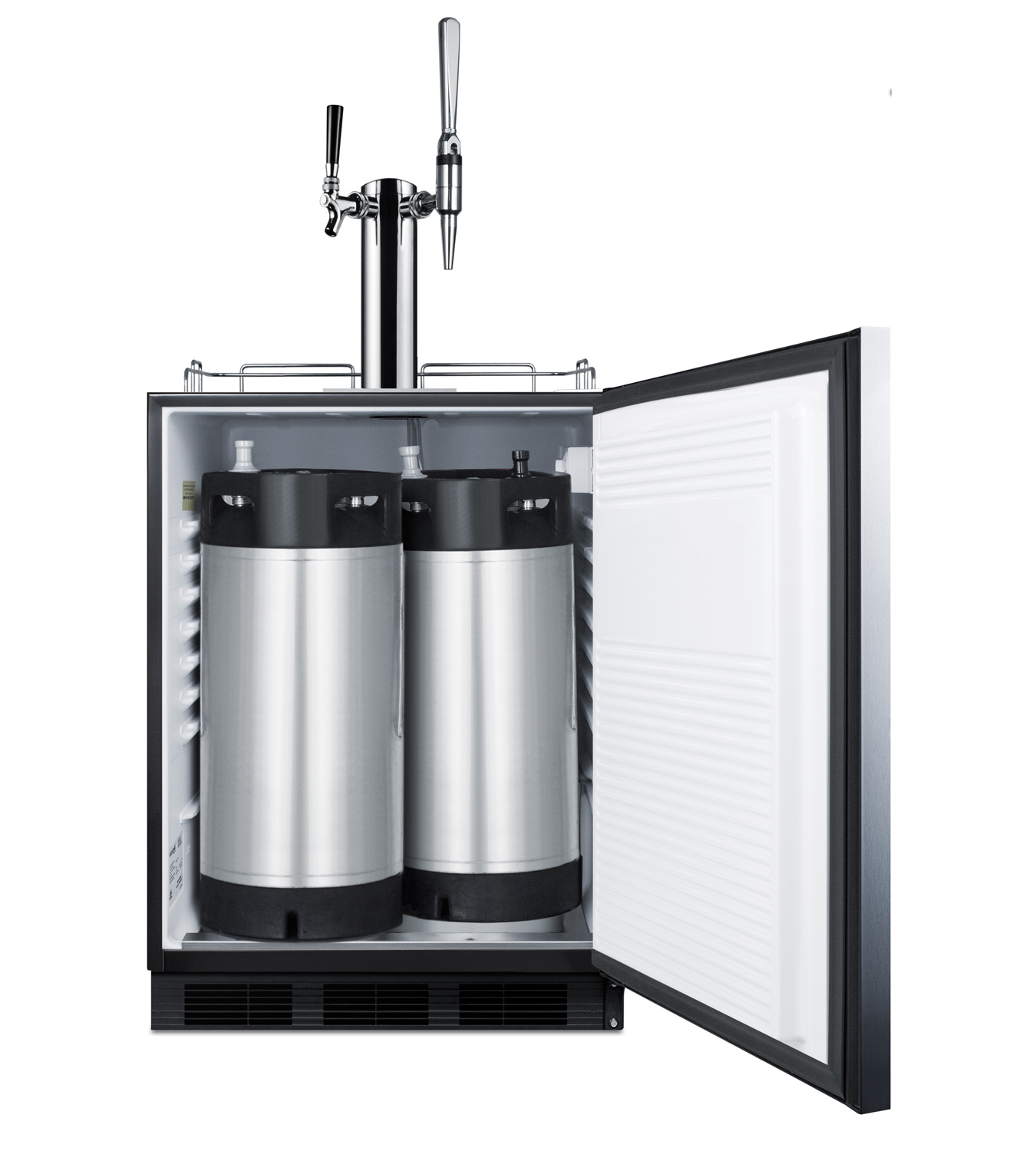 Built-in undercounter ADA height commercially listed dual tap combo nitro/cold brew coffee dispenser with stainless steel door and black cabinet